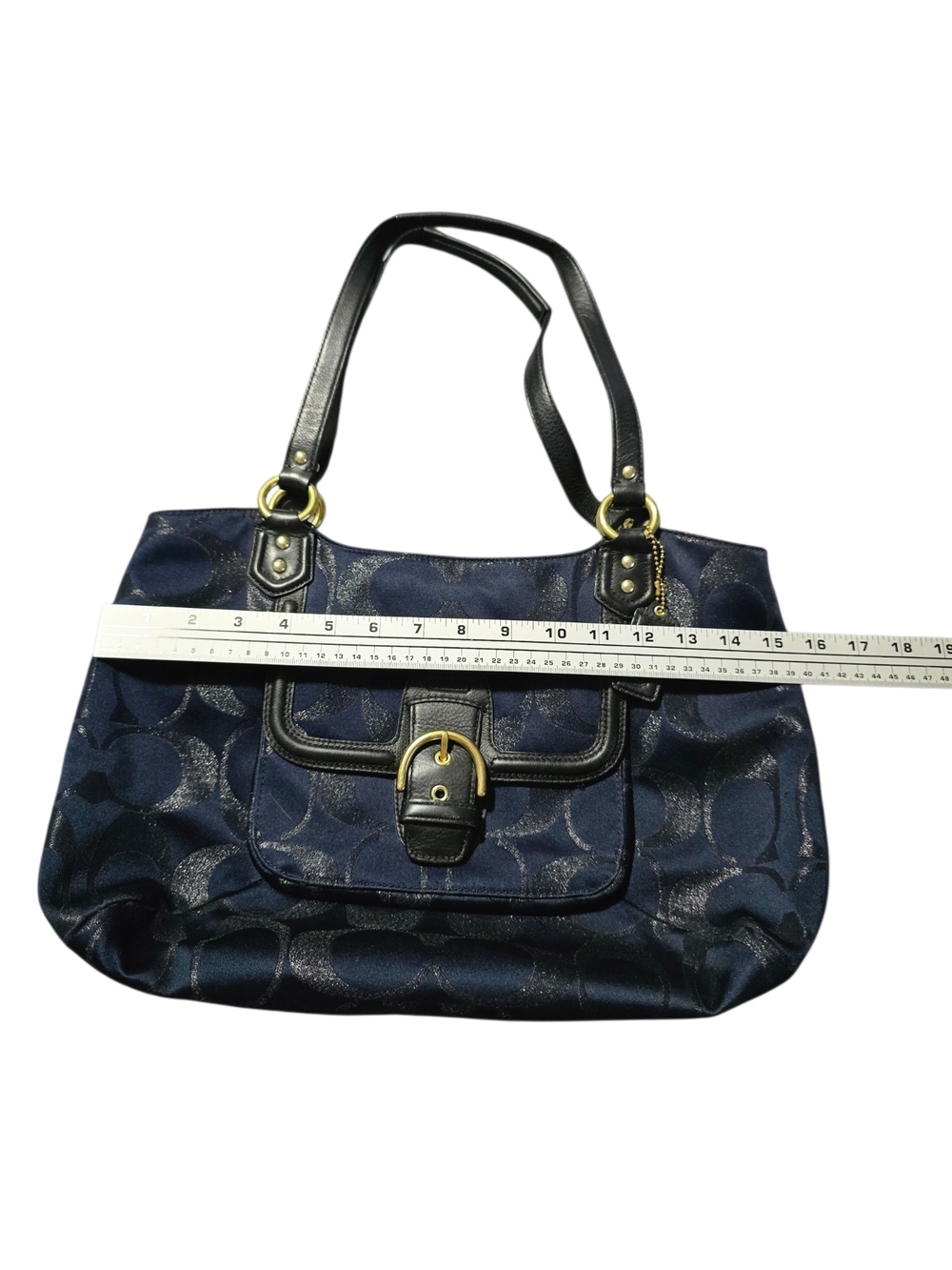 Coach Navy Metallic Canvas Signature Jacquard Tote with Black Leather Trim - Picture 7 of 7